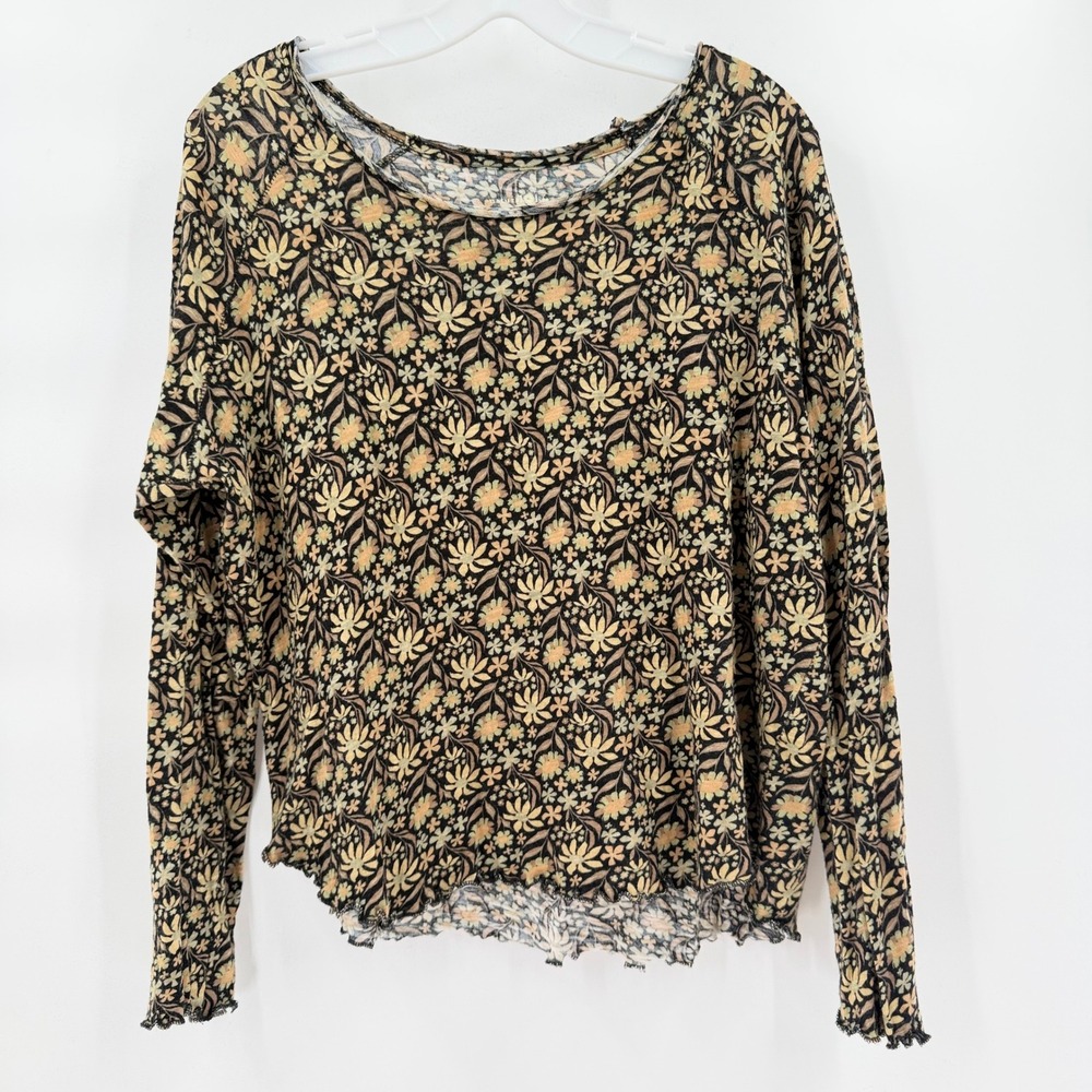 NATURAL LIFE Floral Long Sleeve Lettuce Edge Scoop Neck Top Black Tan XL